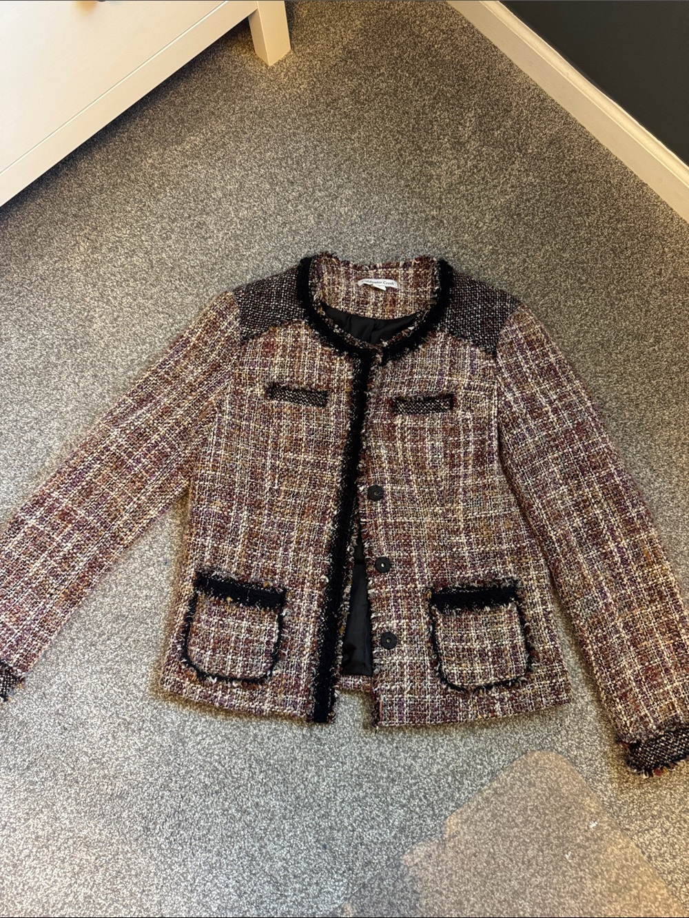 Coldwater Creek Burgundy Multicolor Tweed Fringe-Trim Jacket